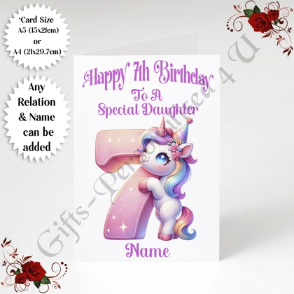 A5 or A4 Personalised Greeting Card - Unicorn - Happy 7th Birthday - Any Relation & Name - D.2 A5 or A4 Personalised Greeting Card - Unicorn - Happy 7th Birthday - Any Relation & Name - D.2