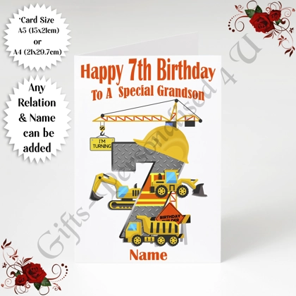A5 or A4 Personalised Greeting Card - Construction - Happy 7th Birthday - Any Relation & Name - D.1 A5 or A4 Personalised Greeting Card - Construction - Happy 7th Birthday - Any Relation & Name - D.1