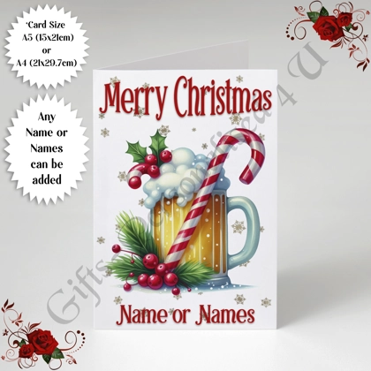 A5 or A4 Personalised Card - Merry Christmas - Beer - Name or Names - D.7 A5 or A4 Personalised Card - Merry Christmas - Beer - Name or Names - D.7