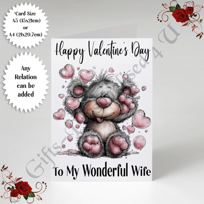 A5 or A4 Personalised Card - Happy Valentine's Day - Cute Bear - Any Relation - D.7