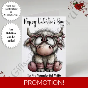A5 or A4 Personalised Card - Happy Valentine's Day - Highland Cow - Any Relation - D.7