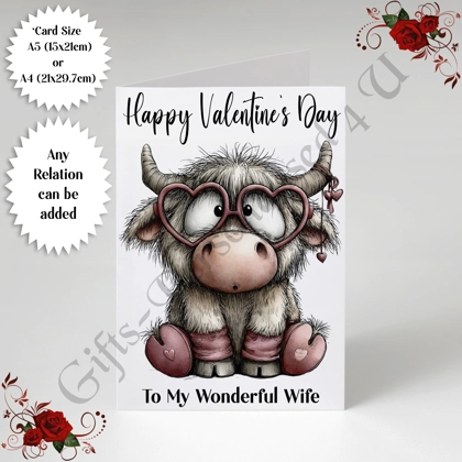 A5 or A4 Personalised Card - Happy Valentine's Day - Highland Cow - Any Relation - D.7