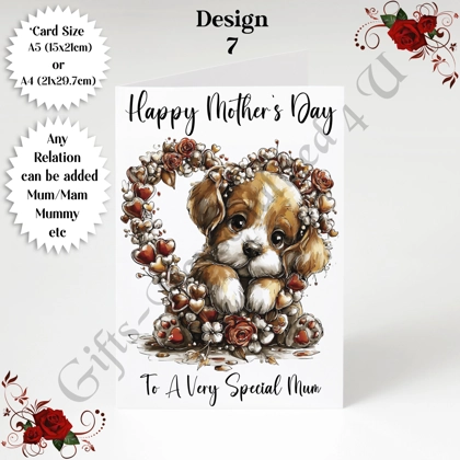 A5 or A4 Personalised Greeting Card - Dog & Hearts - Happy Mother's Day - Mum Mummy etc - D.7
