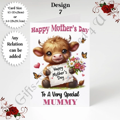 A5 or A4 Personalised Greeting Card - Highland Cow - Happy Mother's Day - Mum Mummy etc - D.7