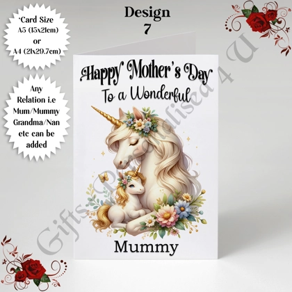 A5 or A4 Personalised Greeting Card - Unicorns - Happy Mother's Day - Mum Mummy Grandma etc - D.7