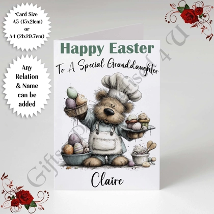 A5 or A4 Personalised Card - Happy Easter - Bear - Any Relation & Name - D.7