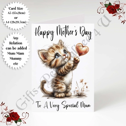 A5 or A4 Personalised Greeting Card - Cute Cat - Happy Mother's Day - Mum Mummy etc - D.7