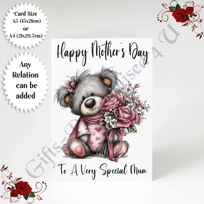 A5 or A4 Personalised Greeting Card - Grey Bear - Happy Mother's Day - Mum Mummy etc - D.7