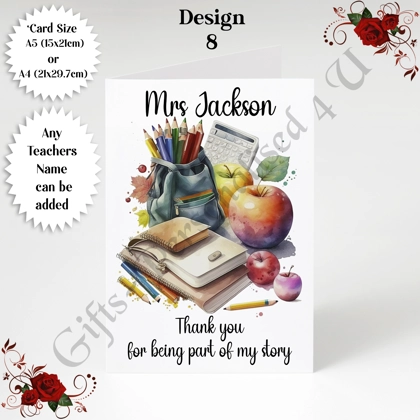 A5 or A4 Personalised Greeting Card - Teacher - Thank You / Leaving - D.8 A5 or A4 Personalised Greeting Card - Teacher - Thank You / Leaving - D.8