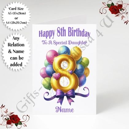 A5 or A4 Personalised Greeting Card - Balloons - Happy 8th Birthday - Any Relation & Name - D.1 A5 or A4 Personalised Greeting Card - Balloons - Happy 8th Birthday - Any Relation & Name - D.1