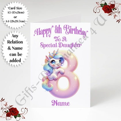 A5 or A4 Personalised Greeting Card - Unicorn - Happy 8th Birthday - Any Relation & Name - D.2 A5 or A4 Personalised Greeting Card - Unicorn - Happy 8th Birthday - Any Relation & Name - D.2
