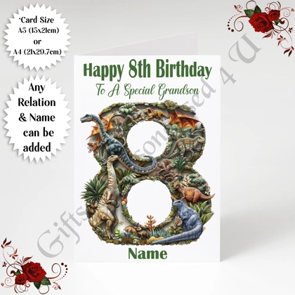 A5 or A4 Personalised Greeting Card - Dinosaur - Happy 8th Birthday - Any Relation & Name - D.2 A5 or A4 Personalised Greeting Card - Dinosaur - Happy 8th Birthday - Any Relation & Name - D.2