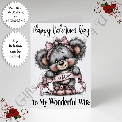 A5 or A4 Personalised Card - Happy Valentine's Day - Cute Bear - Any Relation - D.8