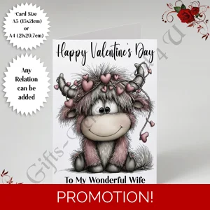 A5 or A4 Personalised Card - Happy Valentine's Day - Highland Cow - Any Relation - D.8