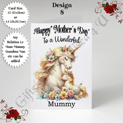 A5 or A4 Personalised Greeting Card - Unicorns - Happy Mother's Day - Mum Mummy Grandma etc - D.8