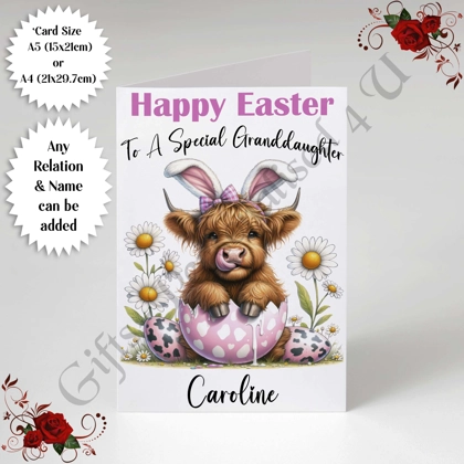 A5 or A4 Personalised Card - Happy Easter - Cow - Any Relation & Name - D.8