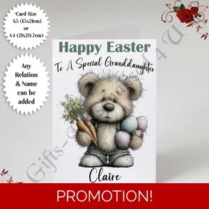 A5 or A4 Personalised Card - Happy Easter - Bear - Any Relation & Name - D.8