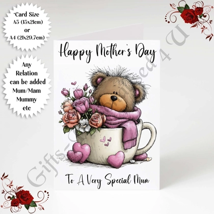 A5 or A4 Personalised Greeting Card - Cute Bear - Happy Mother's Day - Mum Mummy etc - D.8