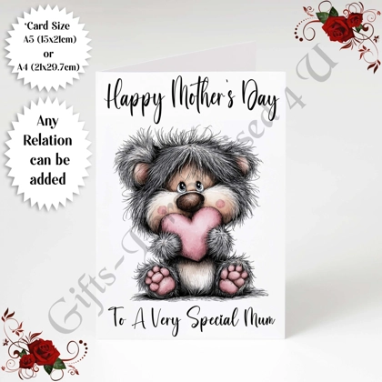 A5 or A4 Personalised Greeting Card - Grey Bear - Happy Mother's Day - Mum Mummy etc - D.8