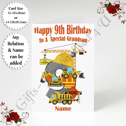A5 or A4 Personalised Greeting Card - Construction - Happy 9th Birthday - Any Relation & Name - D.1 A5 or A4 Personalised Greeting Card - Construction - Happy 9th Birthday - Any Relation & Name - D.1