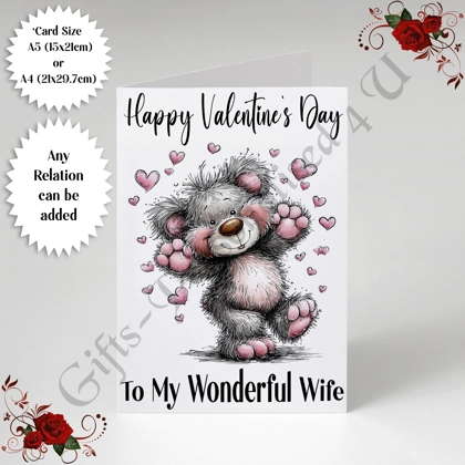 A5 or A4 Personalised Card - Happy Valentine's Day - Cute Bear - Any Relation - D.9