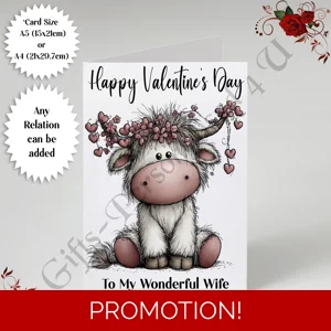 A5 or A4 Personalised Card - Happy Valentine's Day - Highland Cow - Any Relation - D.9