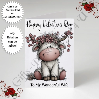 A5 or A4 Personalised Card - Happy Valentine's Day - Highland Cow - Any Relation - D.9