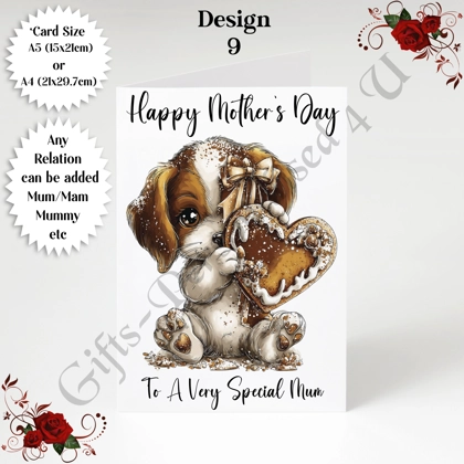A5 or A4 Personalised Greeting Card - Dog & Hearts - Happy Mother's Day - Mum Mummy etc - D.9