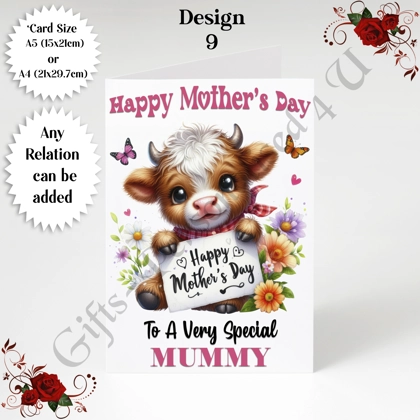 A5 or A4 Personalised Greeting Card - Highland Cow - Happy Mother's Day - Mum Mummy etc - D.9
