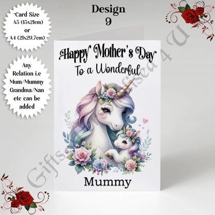 A5 or A4 Personalised Greeting Card - Unicorns - Happy Mother's Day - Mum Mummy Grandma etc - D.9