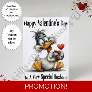 A5 or A4 Personalised Card - Happy Valentine's Day - Duck - Any Relation - D.9