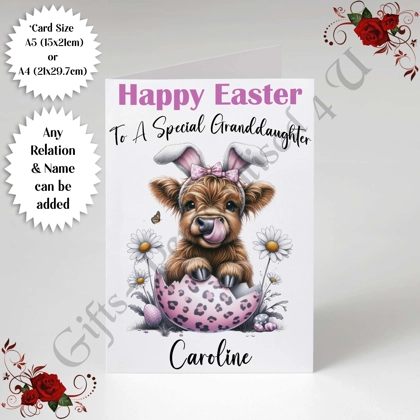 A5 or A4 Personalised Card - Happy Easter - Cow - Any Relation & Name - D.9