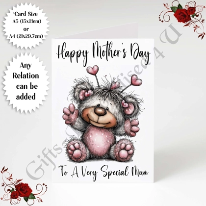 A5 or A4 Personalised Greeting Card - Grey Bear - Happy Mother's Day - Mum Mummy etc - D.9