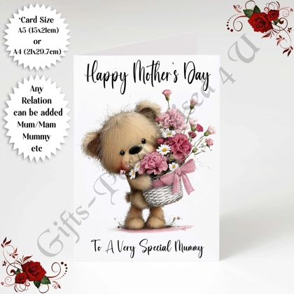 A5 or A4 Personalised Greeting Card - Bear & Flowers - Happy Mother's Day - Mum Mummy etc - D.9