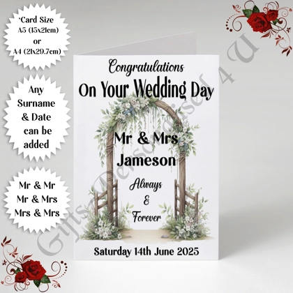 A5 or A4 Personalised Greeting Card - Wedding - Arch - Mr & Mr / Mr & Mrs / Mrs & Mrs - D.1 A5 or A4 Personalised Greeting Card - Wedding - Arch - Mr & Mr / Mr & Mrs / Mrs & Mrs - D.1
