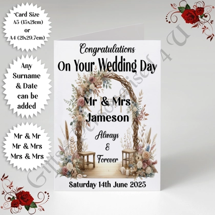 A5 or A4 Personalised Greeting Card - Wedding - Arch - Mr & Mr / Mr & Mrs / Mrs & Mrs - D.2 A5 or A4 Personalised Greeting Card - Wedding - Arch - Mr & Mr / Mr & Mrs / Mrs & Mrs - D.2
