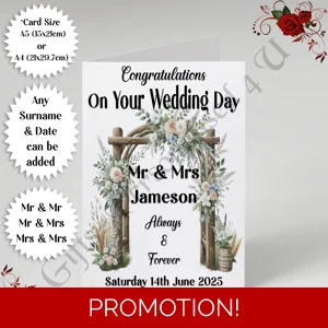 A5 or A4 Personalised Greeting Card - Wedding - Arch - Mr & Mr / Mr & Mrs / Mrs & Mrs - D.3