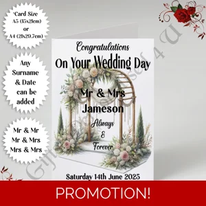 A5 or A4 Personalised Greeting Card - Wedding - Arch - Mr & Mr / Mr & Mrs / Mrs & Mrs - D.4