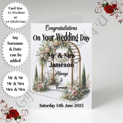 A5 or A4 Personalised Greeting Card - Wedding - Arch - Mr & Mr / Mr & Mrs / Mrs & Mrs - D.4 A5 or A4 Personalised Greeting Card - Wedding - Arch - Mr & Mr / Mr & Mrs / Mrs & Mrs - D.4