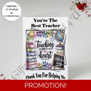 A5 or A4 Designed Greeting Card - Best Teacher - Thank You / Leaving - D.1