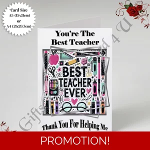 A5 or A4 Designed Greeting Card - Best Teacher - Thank You / Leaving - D.2