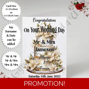 A5 or A4 Personalised Greeting Card - Wedding - Cake - Mr & Mr / Mr & Mrs / Mrs & Mrs - D.1
