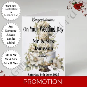 A5 or A4 Personalised Greeting Card - Wedding - Cake - Mr & Mr / Mr & Mrs / Mrs & Mrs - D.2