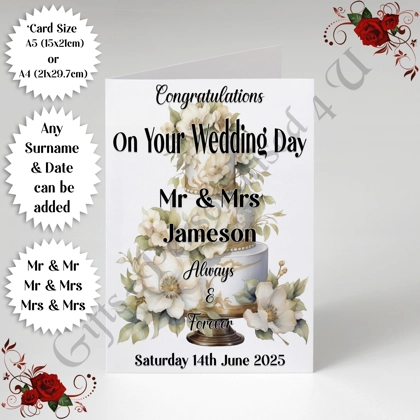 A5 or A4 Personalised Greeting Card - Wedding - Cake - Mr & Mr / Mr & Mrs / Mrs & Mrs - D.2 A5 or A4 Personalised Greeting Card - Wedding - Cake - Mr & Mr / Mr & Mrs / Mrs & Mrs - D.2