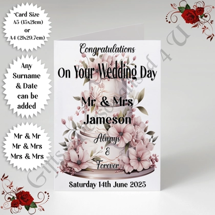A5 or A4 Personalised Greeting Card - Wedding - Cake - Mr & Mr / Mr & Mrs / Mrs & Mrs - D.3 A5 or A4 Personalised Greeting Card - Wedding - Cake - Mr & Mr / Mr & Mrs / Mrs & Mrs - D.3