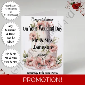 A5 or A4 Personalised Greeting Card - Wedding - Cake - Mr & Mr / Mr & Mrs / Mrs & Mrs - D.4