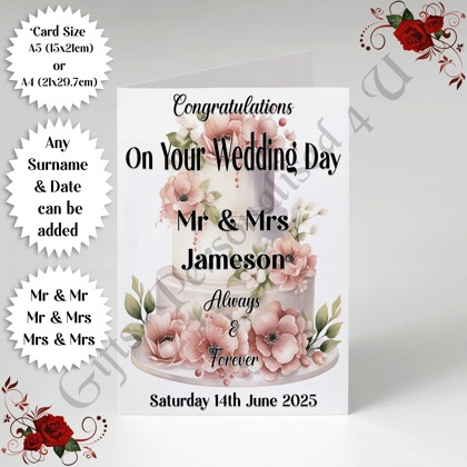 A5 or A4 Personalised Greeting Card - Wedding - Cake - Mr & Mr / Mr & Mrs / Mrs & Mrs - D.4 A5 or A4 Personalised Greeting Card - Wedding - Cake - Mr & Mr / Mr & Mrs / Mrs & Mrs - D.4