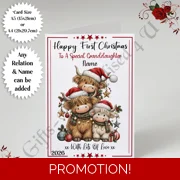 A5 or A4 Personalised Card - Baby Highland Cows - Happy 1st Christmas - Any Relation & Name - D.11