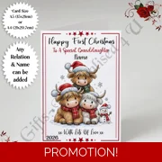 A5 or A4 Personalised Card - Baby Highland Cows - Happy 1st Christmas - Any Relation & Name - D.12