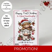 A5 or A4 Personalised Card - Baby Highland Cows - Happy 1st Christmas - Any Relation & Name - D.14